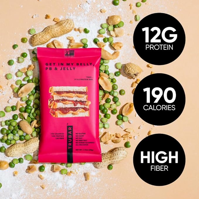 TRUBAR Vegan Protein Bar, Get In My Belly Pb & Jelly, Gluten Free, Plant Based, High Fiber, Dairy Free, Low Fat, Non GMO, No Sugar Alcohols, 12G Lean Protein, 13G Fiber, Healthy Snack Bars, 12 CT