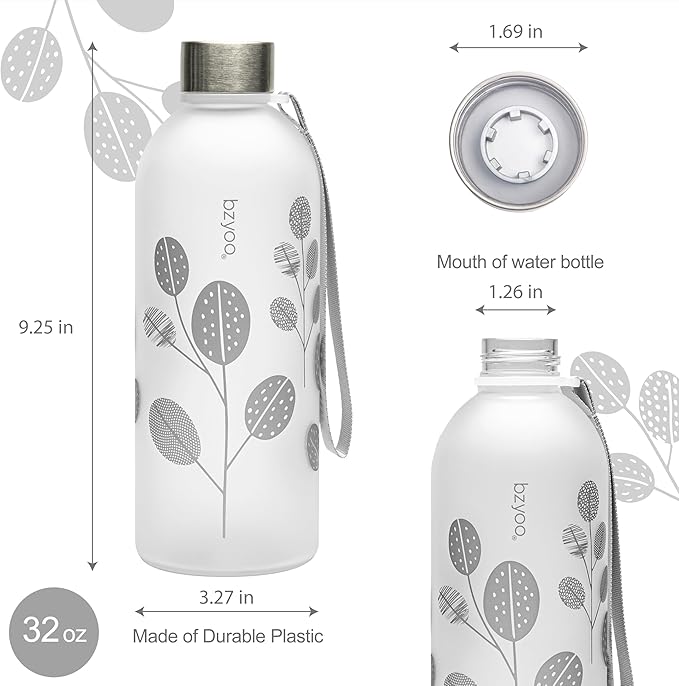 bzyoo 32oz 1 Liter Clear Water Bottle with Time Marker, Leaf Design, Durable Plastic, BPA-Free, Reusable with Measurement Markings for Fitness and Outdoor Activities (Color: Silver)