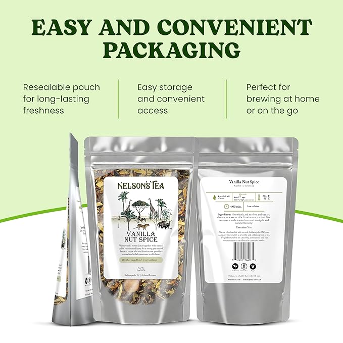 Nelson's Tea Vanilla Nut Spice - Cut & Sifted, Low Caffeine Rooibos Loose Leaf Tea with Honeybush, Yerba Mate, Chicory Root, Licorice Root, Cardamom Seeds, Coconut and Marigold Herbal Blend (2 oz)