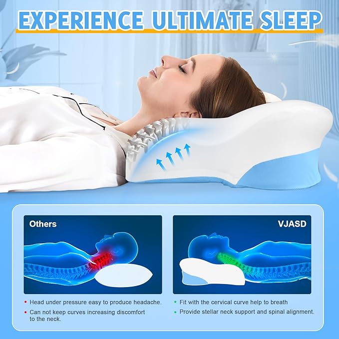 Cervical Neck Pillows with Memory Foam - Ergonomic Neck Support Pillows for Pain Relief Contour Memory Foam - Adjustable Orthopedic Bed Pillows with Cooling Breathable Pillowcase for Sleeping - Blue