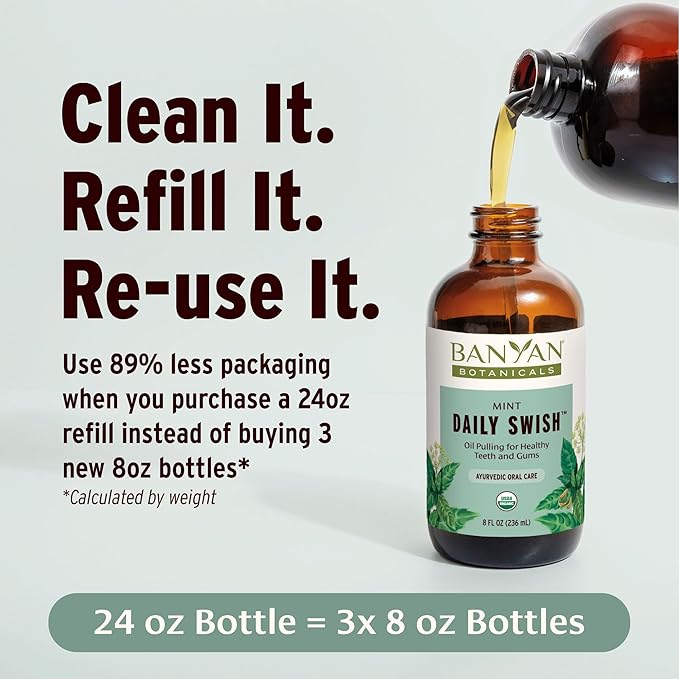 Banyan Botanicals Mint Daily Swish – Organic Ayurvedic Pulling Oil with Coconut Oil – Mouthwash for Fresh Breath and Sparkling Oral Health* – 8 oz – Non GMO Sustainably Sourced Vegan