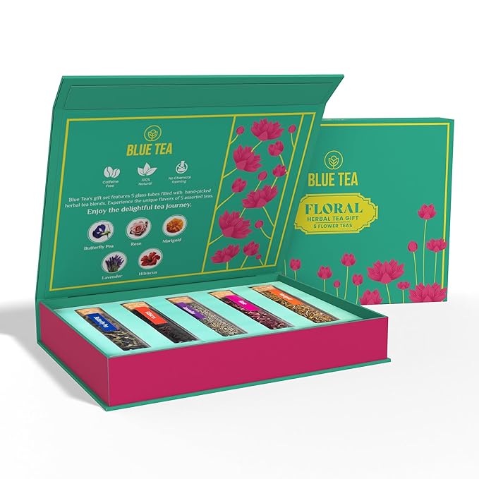 BLUE TEA - Floral Herbal Tea Gift - 5 Flower Tea in Glass Tube | EXOTIC TEA GIFT SET | Flower Based - Loose | Butterfly Pea, Rose, Marigold, Lavender, Hibiscus | Caffeine Free | Variety Tea | Tea Gifts for Women & Men