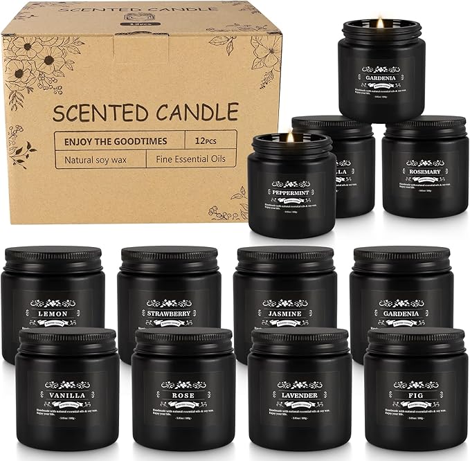 Christmas Scented Candle Set 12 Pack,Black, Candle for Home Scented, Odor Eliminating, Stress Relief, Long Lasting Soy Wax Gift Set