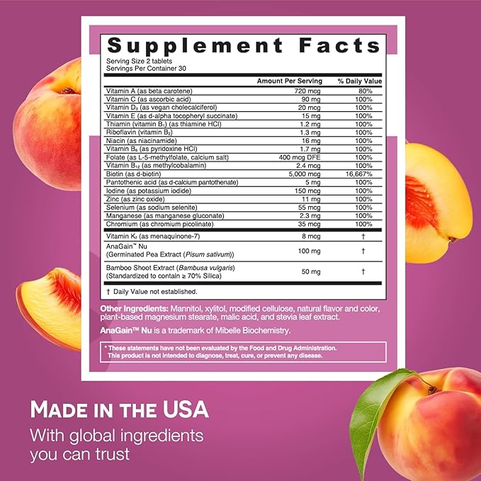 EZ Melts Dissolvable Multivitamin for Women + Hair Growth with Biotin, Bamboo Extract & Clinically Studied AnaGain Nu, Supports Visibly Healthier, Stronger Hair, Sugar- Peach Flavor - 2 Pack
