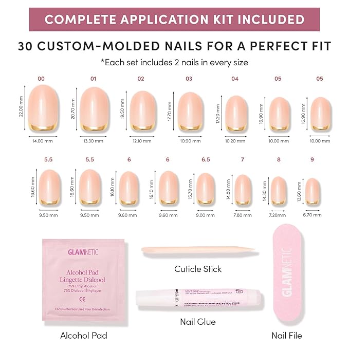 Glamnetic Press On Nails - Goal Digger | Glossy, Semi-Transparent, Short Round Nails, Salon Quality | 12 Sizes - 30 Nail Kit with Glue