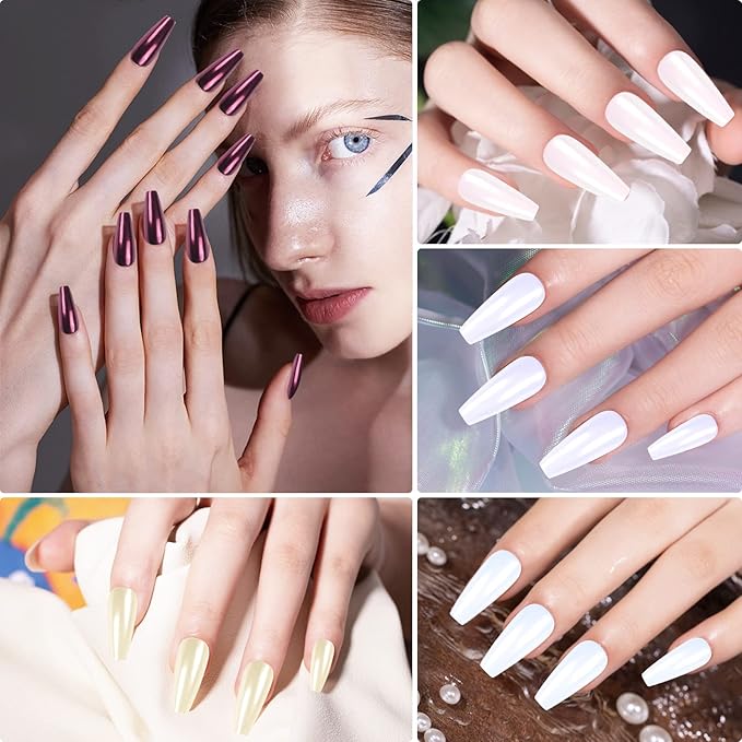 Artdone 4 Jars Chrome Nail Powder Metallic Mirror Effect Pigment Chrome Iridescent Aurora Nail Glitter Mermaid White Pearl Glitter Dust Kit for Gel Polish Nail Art Decoration, Resin Craft