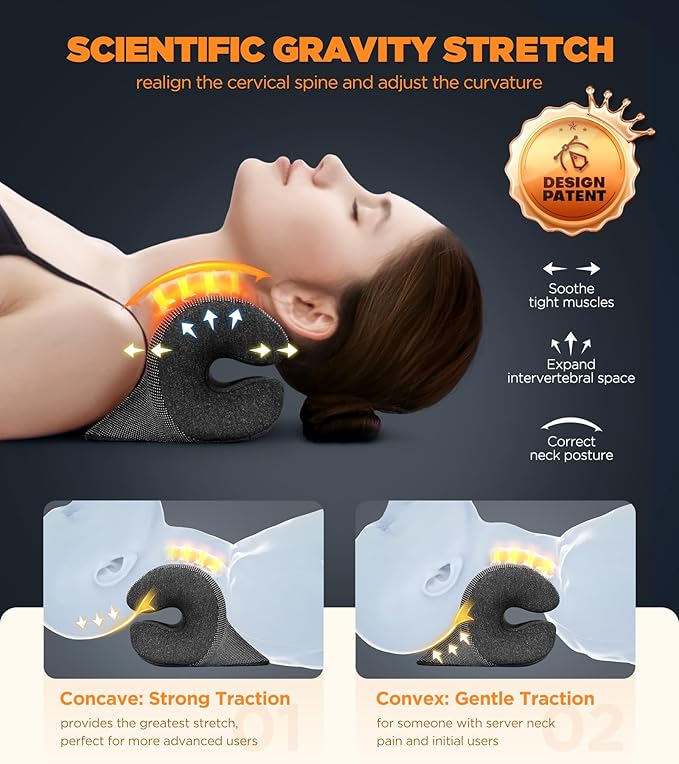 3s Heated Neck Stretcher for Pain Relief, Graphene Heating Pad, Odorless Neck Cloud Cervical Traction Device Chiropractic Pillow for Shoulder, Christmas Gifts for Women, Men, Mom, Dad (Black)