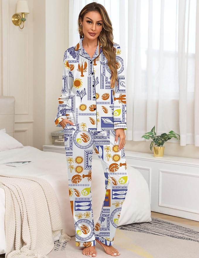 Veseacky Womens Satin Pajama Set Silk Pjs Button Down Long Sleeve Sleepwear Loungewear Sleepwear 2 Piece Pjs Set S-XXL