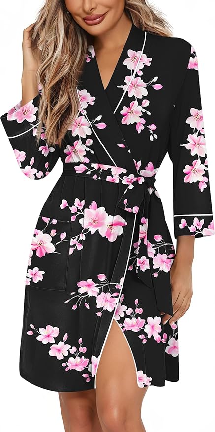 Ekouaer Women Robes Shawl Collar Bathrobe Short Kimono Robe Soft Knit Bathrobes Ladies Sleepwear with Pockets S-XXL