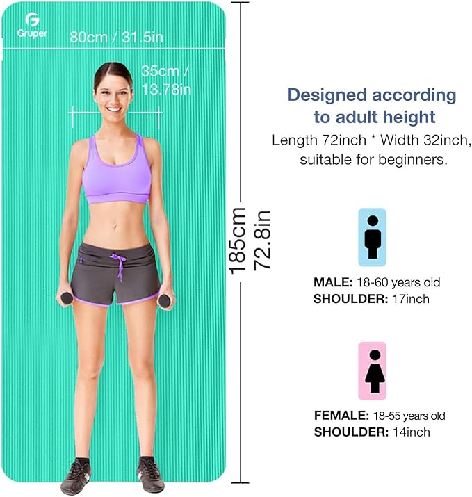 Yoga Mat Non Slip NBR Thick Yoga Mat, 72"L x 32"/24"W x 0.6"/0.4"TH (185cm x 80cm/61cm x 15mm/10mm), Anti-Tear Exercise Mat with Carrying Strap and Bag, Workout Mats for Yoga, Pilates, Floor Exercises