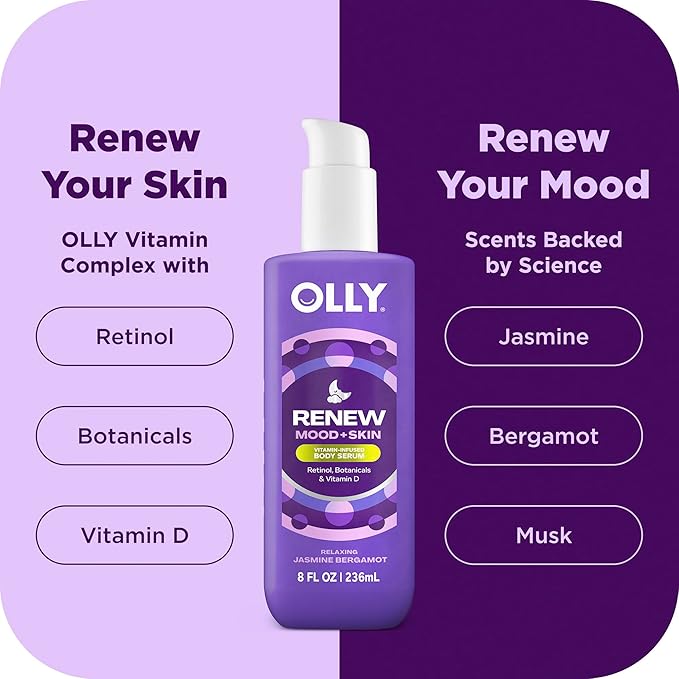 OLLY Renew Body Lotion-Serum with Vitamin D, Retinol & Botanicals – Nourishing Cleanser for Skin Barrier Repair, Deep Hydration, Jasmine Bergamot Scent, 8oz
