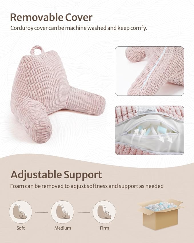 Blissful Diary Reading Pillow, Backrest Pillow with Shredded Memory Foam for Adult & Children, Designed for Bed and Couch Sitting Up, Includes Arms, Pockets and Washable Cover, Pale Pink