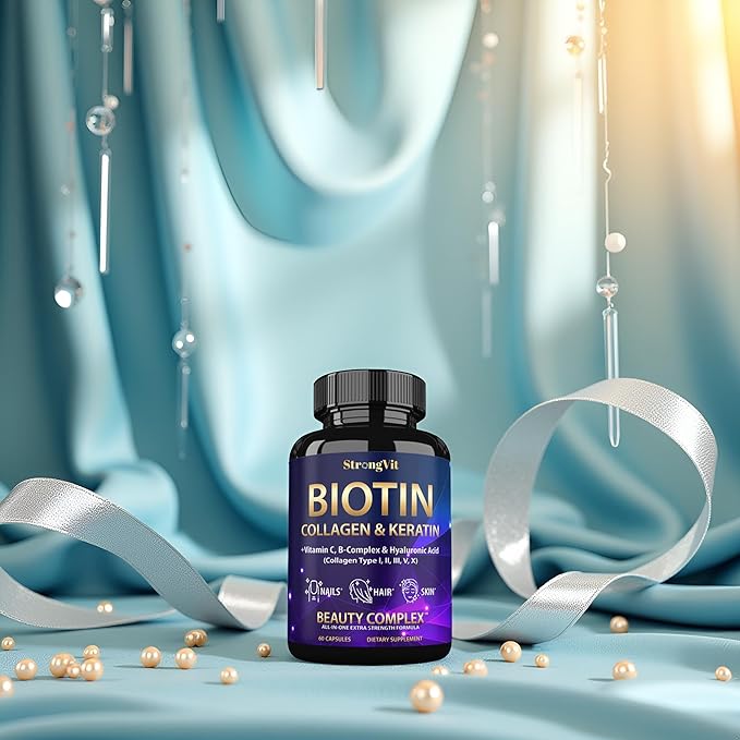 Biotin with Hyaluronic Acid, Keratin, and Collagen Supplements - Hair Growth Vitamins for Women, Healthy Nails and Skin, B1, B2, B3, B6, B7 Complex, USA