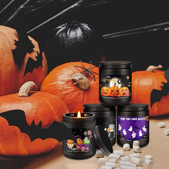 4 Pack Black Halloween Scented Candles -7oz Soy Wax Candles with Essential Oils (Rosemary, Vanilla, Gardenia, Lavender)