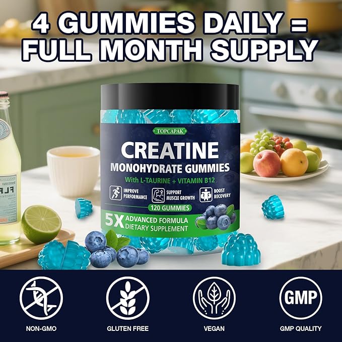 Creatine Monohydrate Gummies for Men & Women - Blueberry Flavor, Raspberry-Shaped - Chewable Creatine Gummy with Taurine & Vitamin B12, 5g Creatine per Serving, 120 Gummies
