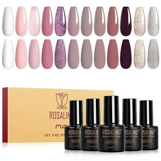 ROSALIND Pink Gray Purple Gel Nail Polish Set, 12 Colors White Pink Silver Gel Polish Brown Blush Gel Polish Set Soak Off Pinks Elegant Purple Glitter Gel Nail Polish