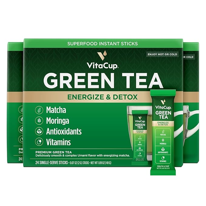 VitaCup Green Tea Instant Packets, Enhance Energy & Detox with Matcha, Moringa, B Vitamins, D3, Fiber, Keto, Paleo, Vegan in Tea Powder Single Serving Sticks, 72 Ct
