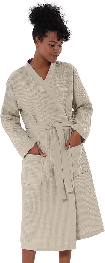 SEYANTE Women’s Luxury Waffle Shawl Collar, Hooded Robe w Piping – Lightweight, Long, Ultra Soft Spa Sleepwear Bathrobe