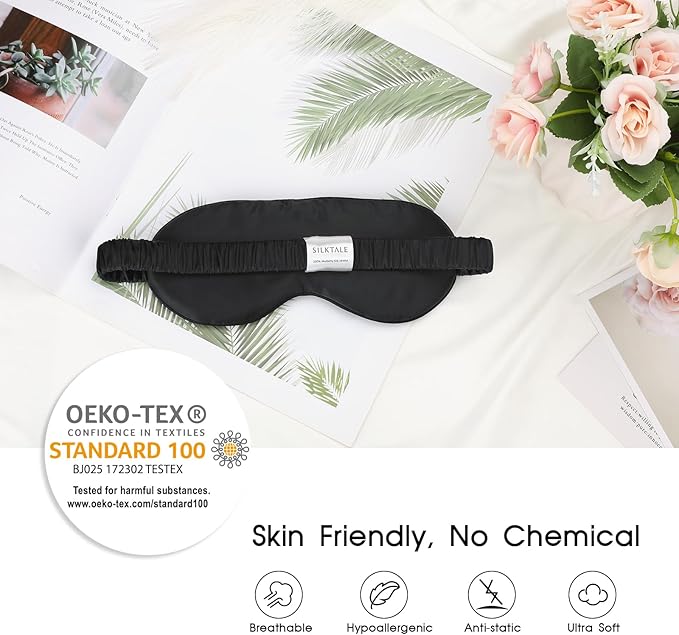 Silk Eye Mask for Sleeping for Women/Men/Adults with Elastic Strap,Blackout Pure Mulberry Silk Sleep Mask for Side Sleeper/Travel/Plane,Black