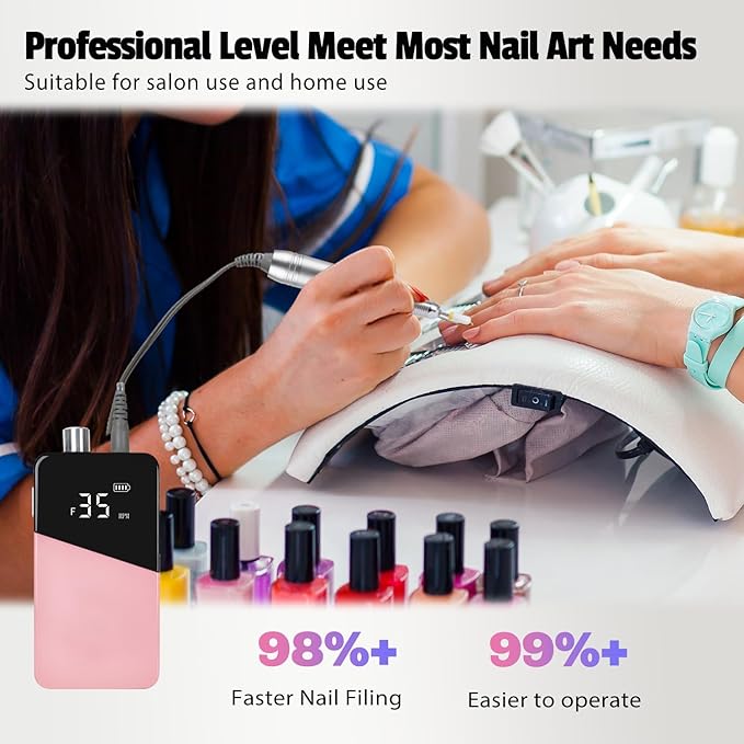 Electric Nail Drill Machine 35000RPM Professional Portable Nail File Cordless Rechargeable Nail Efile for Acrylic Gel Nails Manicure Pedicure Polishing Shape Tools for Salon (Pink)