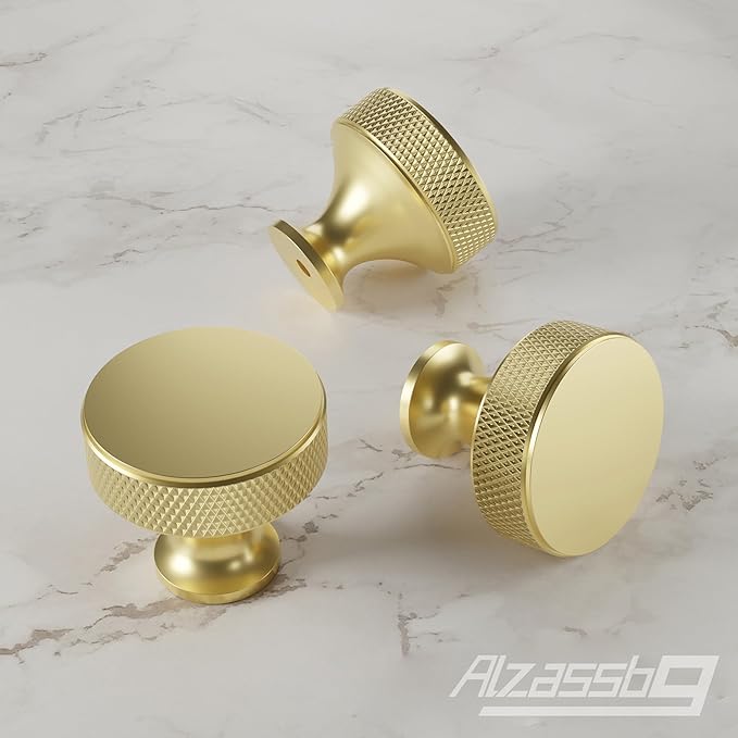Alzassbg 10 Pack Gold Cabinet Knobs, 1.2 Inch(30.5mm) Diameter Knurled Cabinet Knobs of Metal Kitchen Round Handles Hardware for Carbinet and Drawer AL6067ABG
