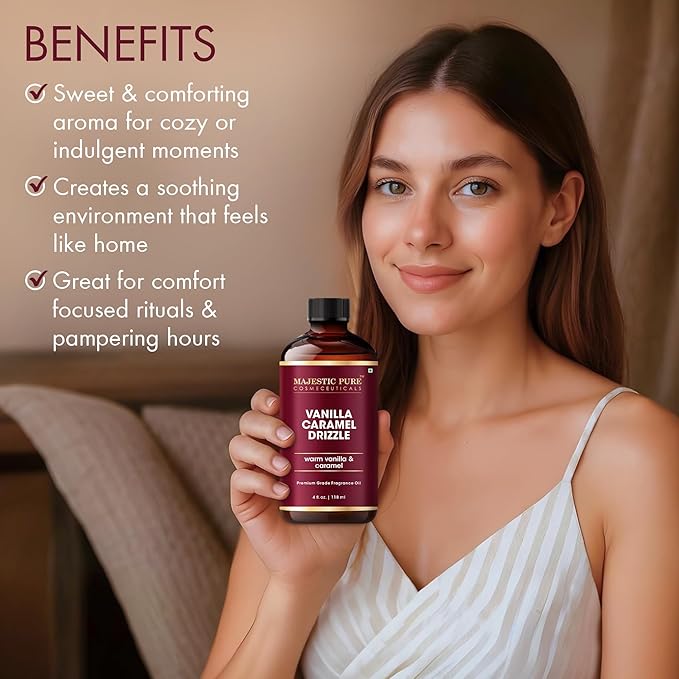 MAJESTIC PURE Vanilla Caramel Drizzle Premium Oil | Vanilla & Caramel Flavour | Premium Grade Fragrance Oil Used in Diffusers, DIY, Self Care | 4 Fl Oz