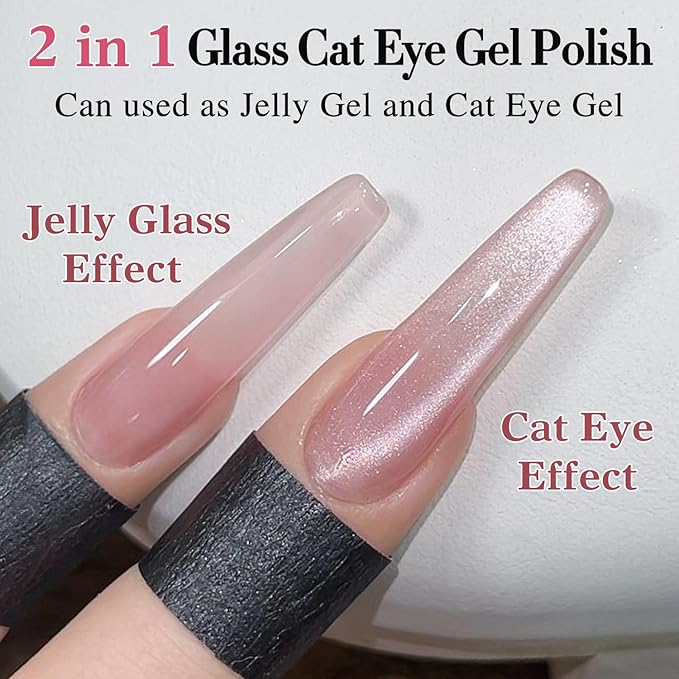 Double Rhythm Jelly Glass Cat Eye Gel Polish with Magnet 15ML Holographic Glitter Shimmer Translucent Sheer Color Magnetic Nail Polish Salon DIY at Home (Jelly Pink Nude-MC1104)