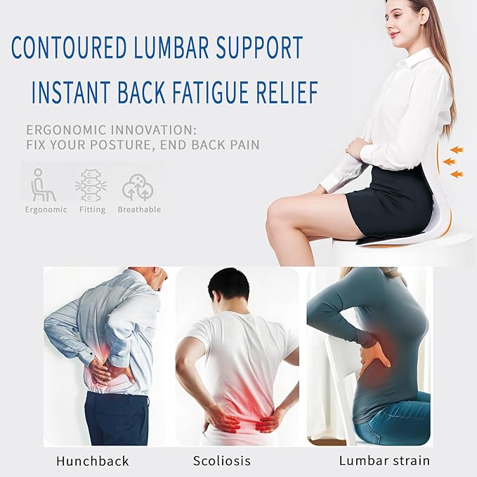 Ergonomic Back Support for Office Chair Cushion with Lumbar Pillow - Posture Corrector for Desk Chairs, Comfortable Memory Foam Seat Cushion for Lower Back Pain Relief (Black)