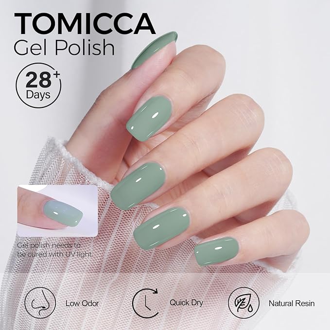 TOMICCA Sage Green Gel Polish, Emerald Olive Green Nail Polish, Soak Off UV Cure Eucalyptus Pastel Gel Polish for Nail Art Manicure Salon DIY