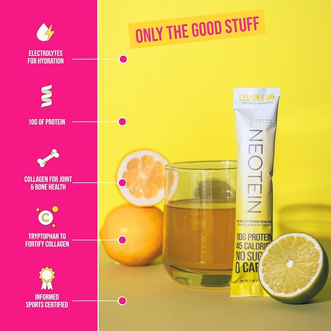 NEOTEIN: Electrolyte Powder Packets, Protein Powder with 10g Protein & Collagen | Hydration Packets - Zero Sugar, NO Fillers, NO Carbs | Lemon Lime | 45 Calories | Keto & Paleo | Pack of 15