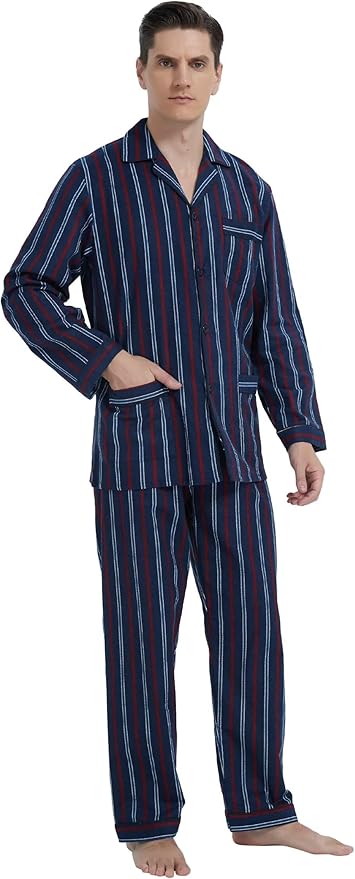 GLOBAL Men's Pajamas Sets 100% Cotton Flannel Sleepwear Long-Sleeve top & Bottom