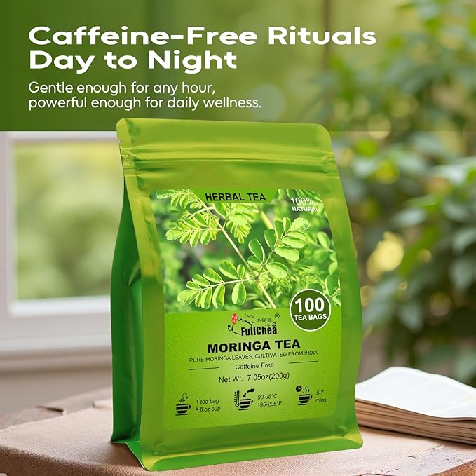 FullChea - Moringa Tea Bags, 100 Count - Pure & Natural Rosabella Moringa Leaves, Cultivated From India - Caffeine-free Herbal Tea for Supporting Digestion & Immune System - Non-GMO