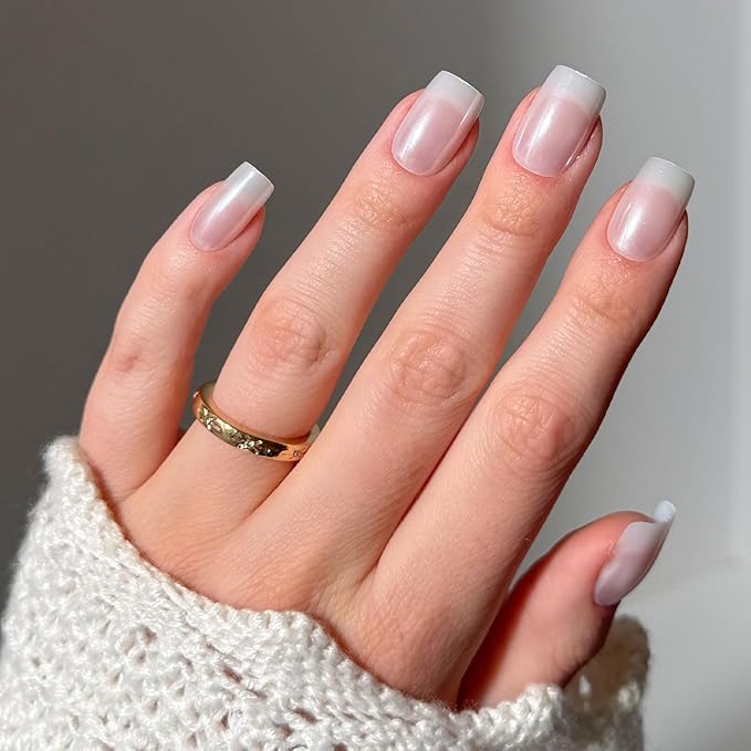 Glamnetic Press On Nails - Bailey | Medium Square Fake Nails, Sheer White Glazed, Salon Quality | 15 Sizes - 30 Nail Kit Wtih Glue