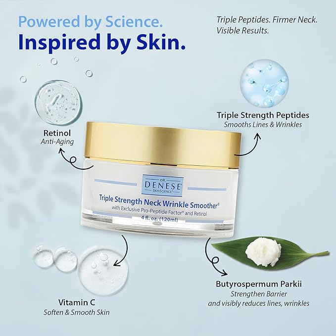 Dr. Denese Triple Strength Neck Wrinkle Smoother 4 oz – Firming Cream with Triple Amount of Peptides Compared to Industry Standards – Retinol & Hyaluronic Acid for Hydrating Power - Paraben Free