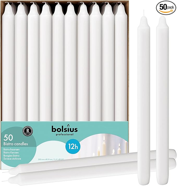 BOLSIUS White Candlesticks Bulk Pack 50 Count - Unscented Dripless 11.5 Inch Household & Dinner Candle Set - 12+ Burn Hours - Premium European Quality - Consistent Smokeless Flame - 100% Cotton Wick