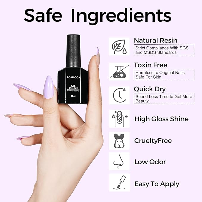 TOMICCA Purple Gel Nail Polish, 15ml Pastel Lilac Purple Gel Polish Colors, Soak Off UV Nail Art Macarons Manicure Salon DIY for Spring Summer