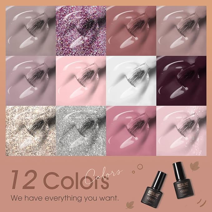 ROSALIND Pink Gray Purple Gel Nail Polish Set, 12 Colors White Pink Silver Gel Polish Brown Blush Gel Polish Set Soak Off Pinks Elegant Purple Glitter Gel Nail Polish