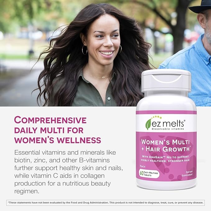 EZ Melts Dissolvable Multivitamin for Women + Hair Growth with Biotin, Bamboo Extract & Clinically Studied AnaGain Nu, Supports Visibly Healthier, Stronger Hair, Sugar- Peach Flavor - 2 Pack