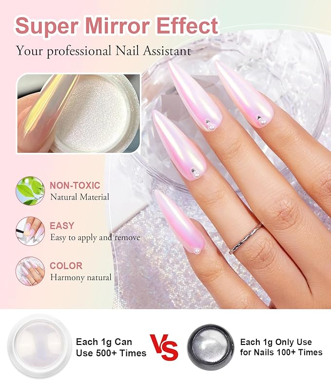 Chrome Nail Powder BISHENGYF: Super Metallic Effect Chrome Powder For Nails Gold Silver Red Laser White Pearl Nail Chrome Powder for Nails Art Decoration