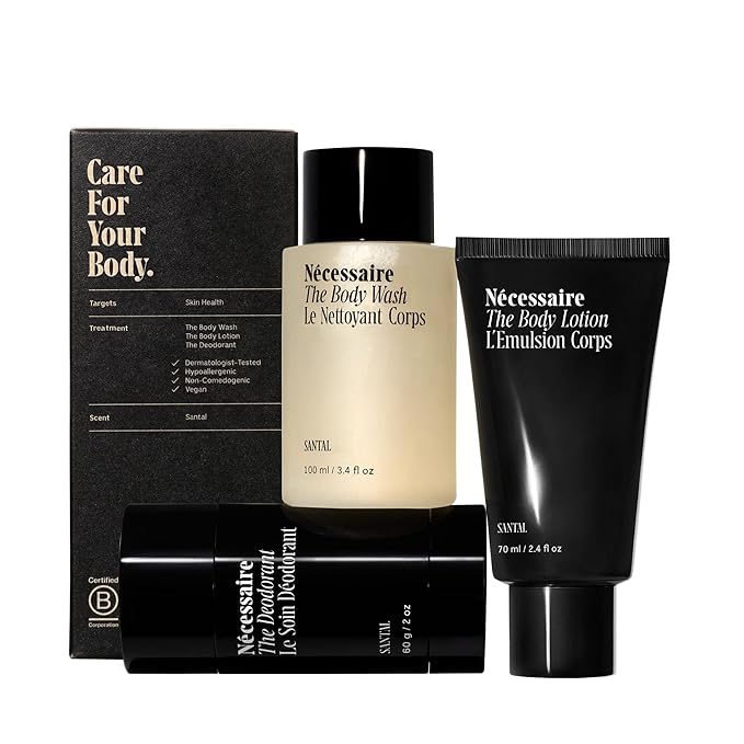 Nécessaire Body Essentials Set – Santal Scented Travel Body Wash, Lotion & Aluminum-Free Deodorant – Clean Skincare for Men + Women – Dermatologist-Tested, Hypoallergenic – 3-Piece Travel Set