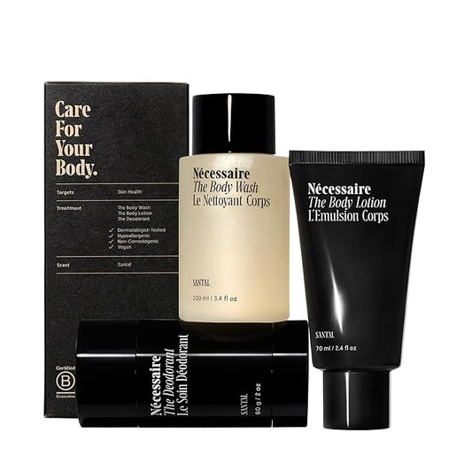 Nécessaire Body Essentials Set – Santal Scented Travel Body Wash, Lotion & Aluminum-Free Deodorant – Clean Skincare for Men + Women – Dermatologist-Tested, Hypoallergenic – 3-Piece Travel Set