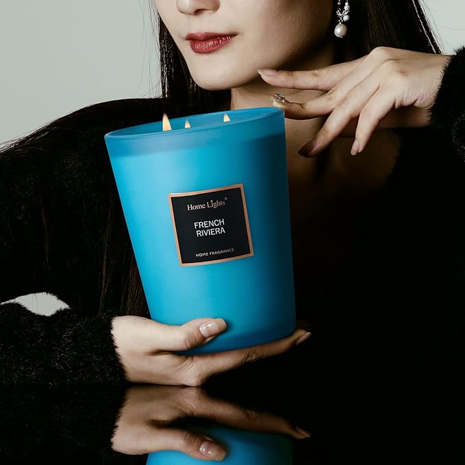 HomeLights Scented Candles | Large Jar Candle - 33.3 Oz. Natural Soy Aromatherapy Candles | Up to 130 Hours Burn Time with 3 Cotton Wicks,Home Decorative Fragrance Candles Gift - French Riviera