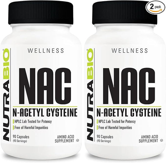 NutraBio N-Acetyl Cysteine Supplement (NAC) - 90 Capsules, 600mg Each - Powerful Anti-Oxidant - Immune Support - Boost Glutathione (Pack of 2)