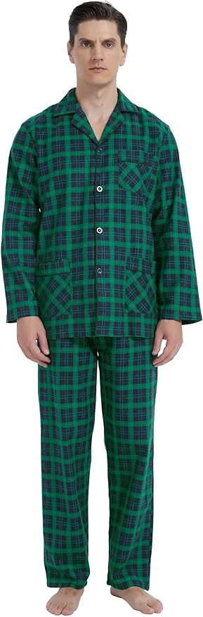 GLOBAL Men's Pajamas Sets 100% Cotton Flannel Sleepwear Long-Sleeve top & Bottom