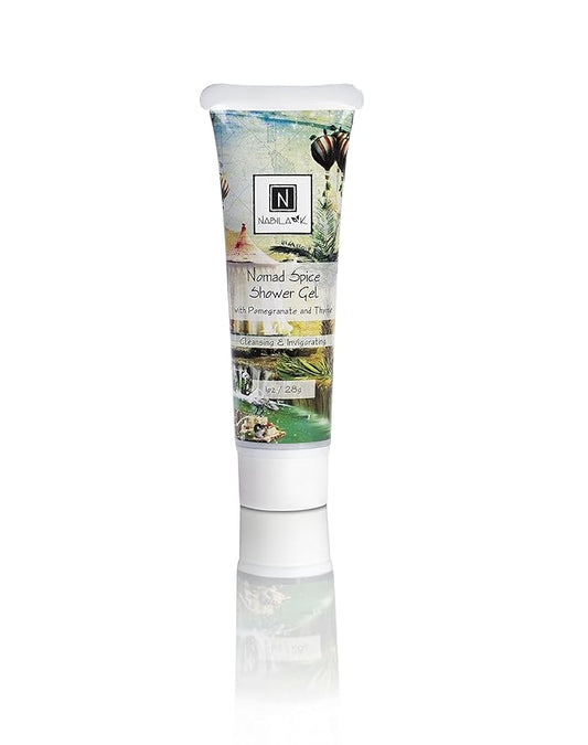 Nabila K Nomad Spice Shower Gel, Travel Size Refreshing Body Wash with Pomegranate & Thyme, 1 oz - Naturally Derived, Sulfate-Free, Paraben-Free - Made in the USA