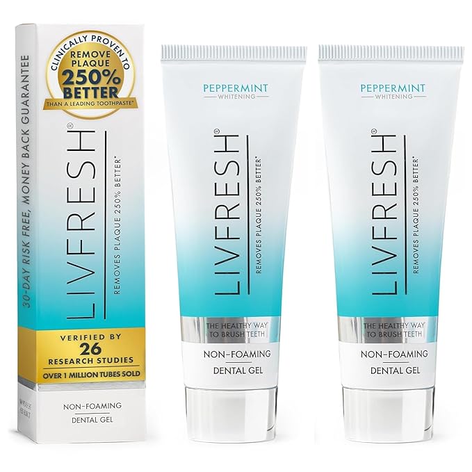 LIVFRESH Toothpaste Gel, Clinically Proven to Remove Plaque 250% Better, Improves Gum Health 190% Better, Prevents & Reduces Tartar, Freshens Breath, SLS Free Dental Gel, Peppermint, 2 Pack