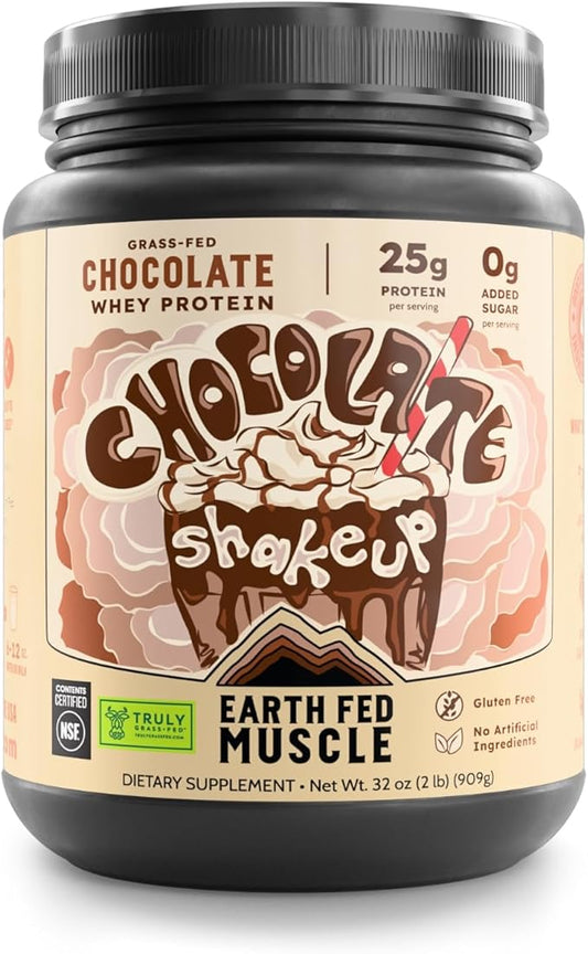 Earth Fed Muscle Chocolate Shakeup Truly Grass Fed Whey Protein Isolate NSF-Certified. No Artificial Ingredients, Soy Free, Gluten Free, Non-GMO and Hormone Free (2 Pound, 29 Servings, Chocolate)