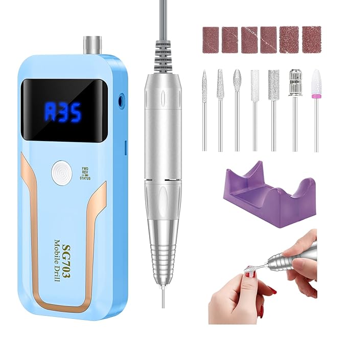 Portable Nail Drill Professional 35000 RPM, MOCOWIND Rechargeable Electric Nail File Machine E File for Acrylic Gel Polishing Removing, Cordless E-File with Bits Kit for Manicure Salon Home, Blue