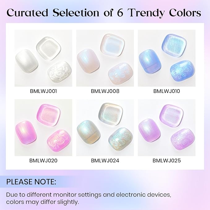 MIZHSE Pearl Gel Nail Polish, 6 Colors Iridescent Mermaid Gel Polish Set, Drawing Nail Shell Thread Effect Shimmery White Pink Purple Soak Off Nail Art Manicure Home Gift for Wome