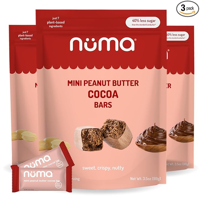 Numa Mini Peanut Butter Cocoa Bars - Vegan, Low Sugar, High Protein, Natural, Gluten Free - Crunchy Plant Based PB Snacks - 3 Bags with 8 Individually Wrapped Chocolate Protein Bars